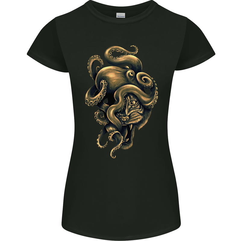 Octiger Octopus Kraken Cthulhu Tiger Womens Petite Cut T-Shirt Black