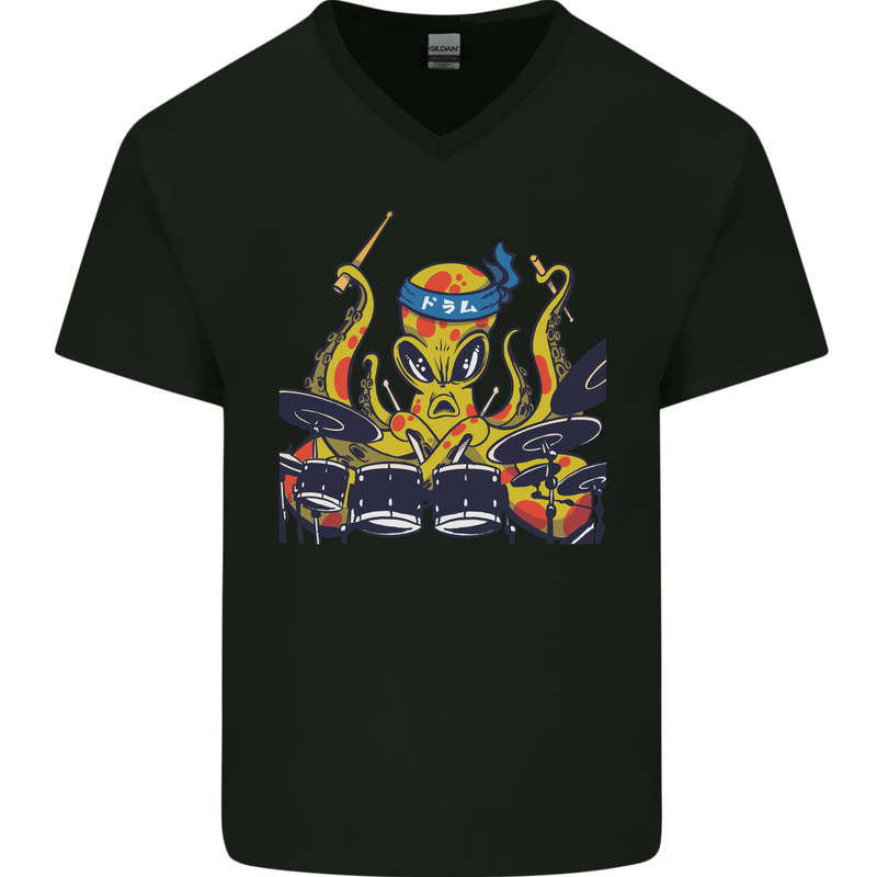 Octopus Drummer Drumming Drum Funny Mens V-Neck Cotton T-Shirt Black
