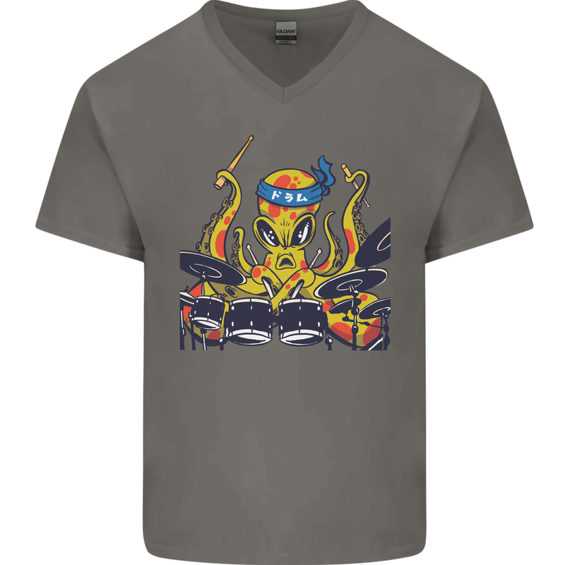 Octopus Drummer Drumming Drum Funny Mens V-Neck Cotton T-Shirt Charcoal