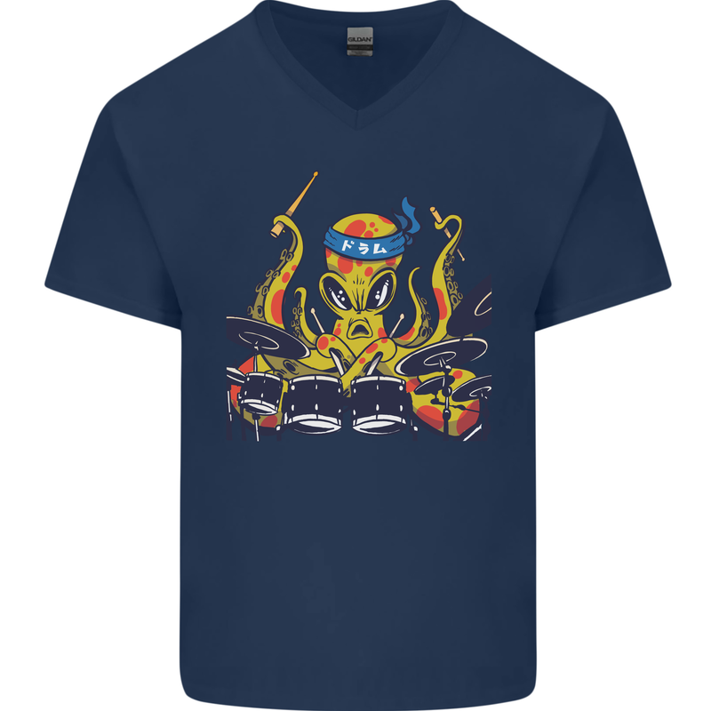 Octopus Drummer Drumming Drum Funny Mens V-Neck Cotton T-Shirt Navy Blue