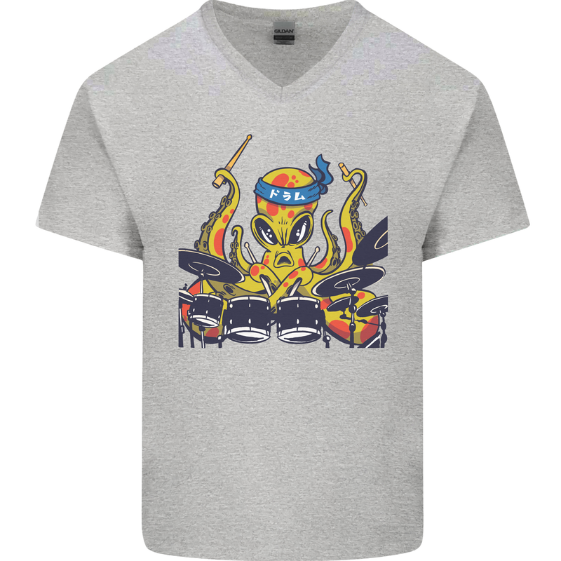Octopus Drummer Drumming Drum Funny Mens V-Neck Cotton T-Shirt Sports Grey