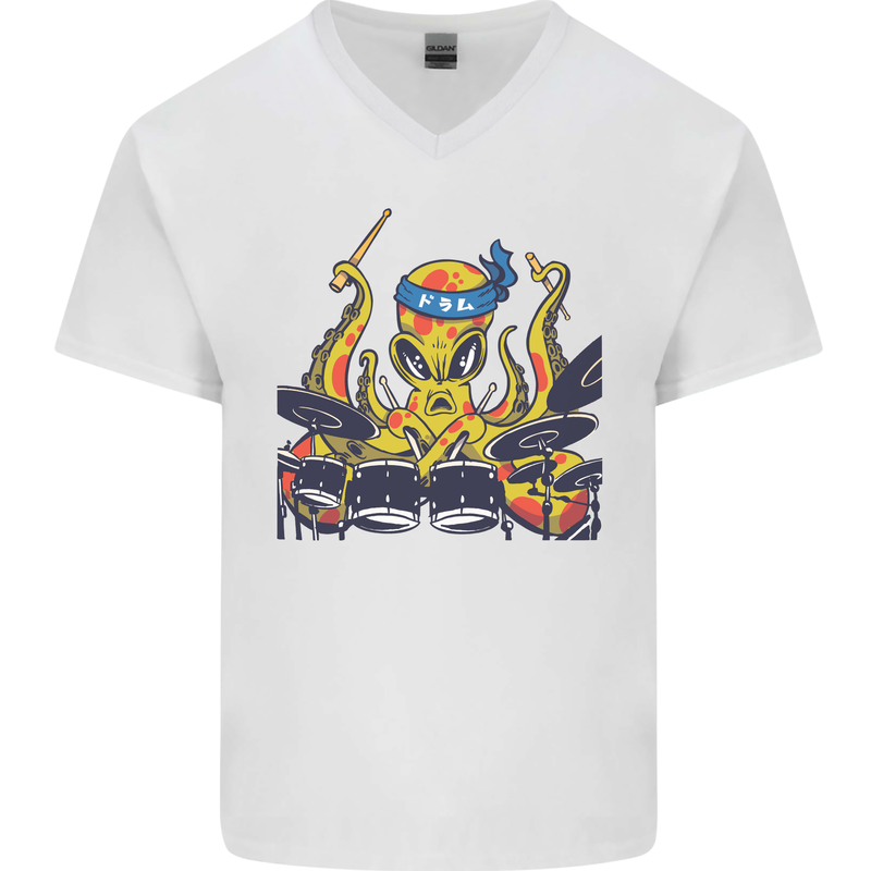 Octopus Drummer Drumming Drum Funny Mens V-Neck Cotton T-Shirt White