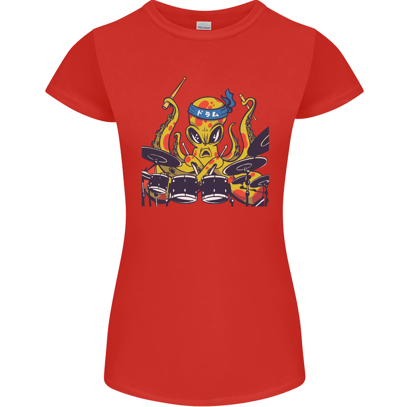 Octopus Drummer Drumming Drum Funny Womens Petite Cut T-Shirt Red