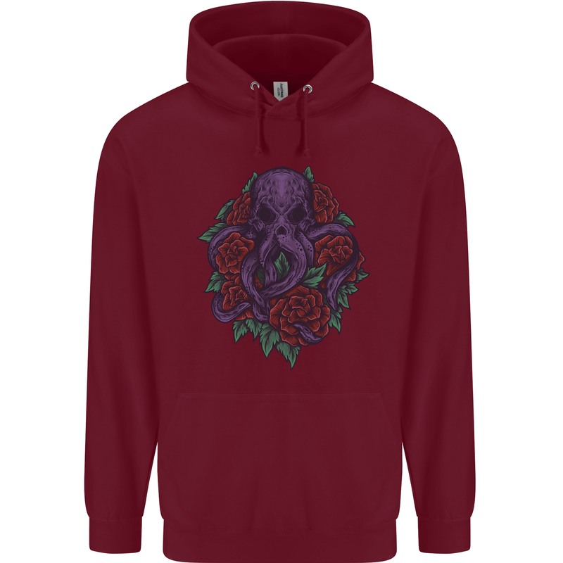 Octopus Skull Cthulhu Kraken With Roses Childrens Kids Hoodie Maroon