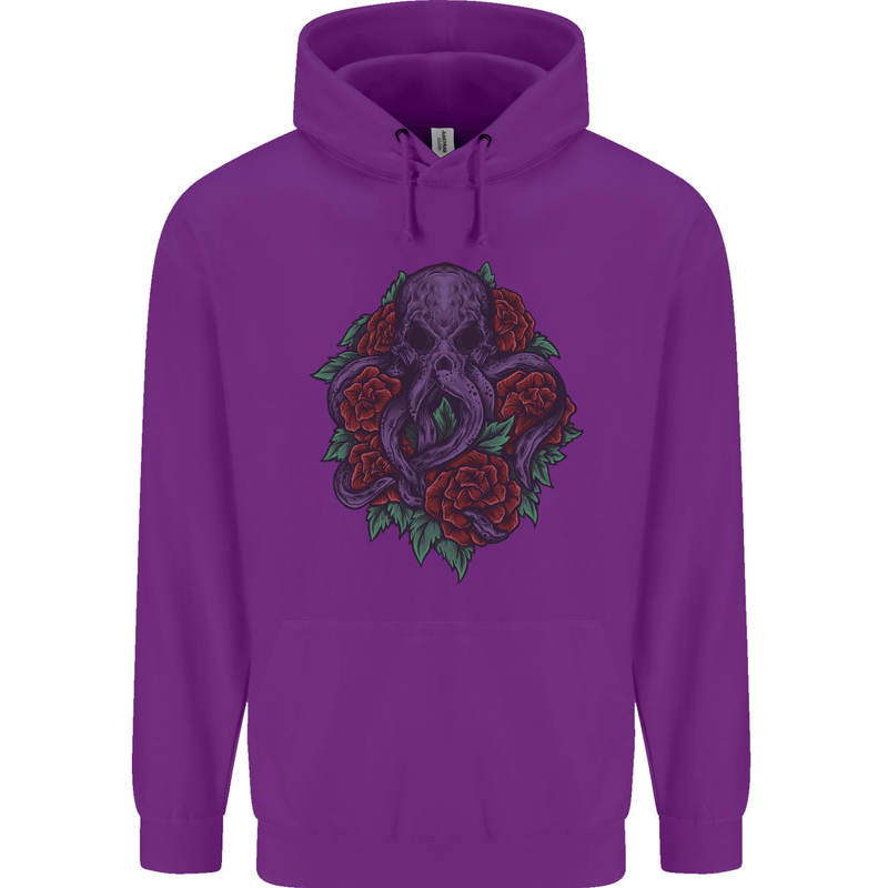 Octopus Skull Cthulhu Kraken With Roses Childrens Kids Hoodie Purple