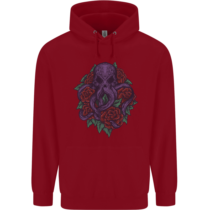Octopus Skull Cthulhu Kraken With Roses Childrens Kids Hoodie Red
