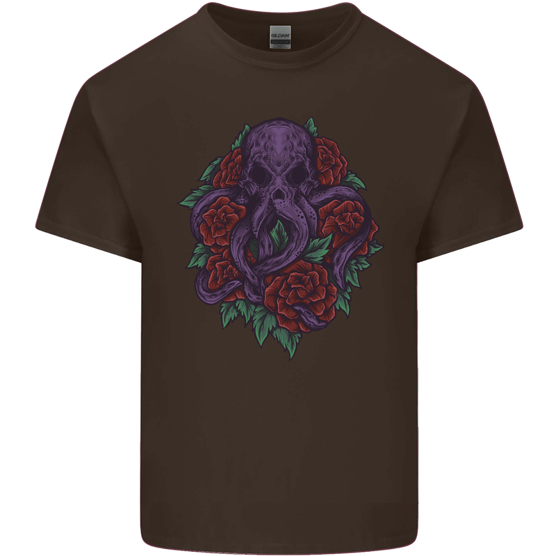 Octopus Skull Cthulhu Kraken With Roses Kids T-Shirt Childrens Chocolate
