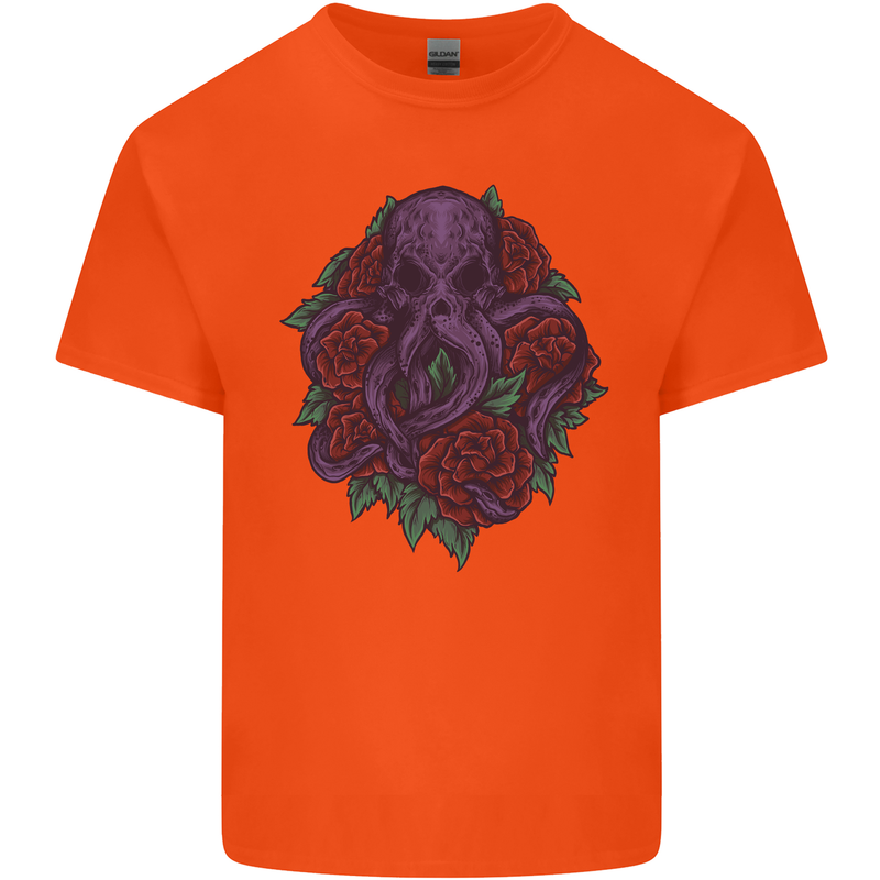 Octopus Skull Cthulhu Kraken With Roses Kids T-Shirt Childrens Orange