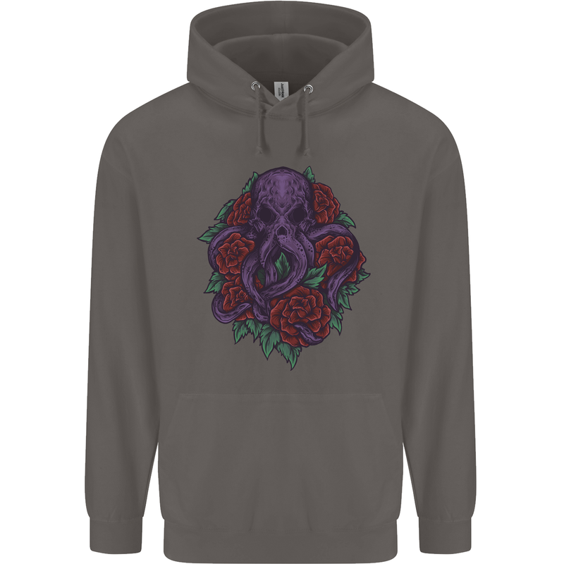 Octopus Skull Cthulhu Kraken With Roses Mens 80% Cotton Hoodie Charcoal