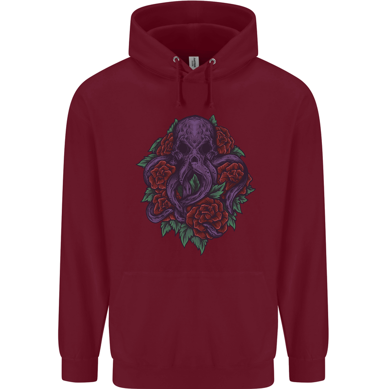 Octopus Skull Cthulhu Kraken With Roses Mens 80% Cotton Hoodie Maroon
