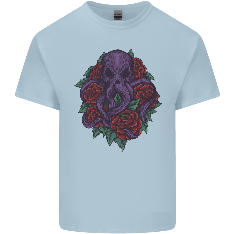 Octopus Skull Cthulhu Kraken With Roses Mens Cotton T-Shirt Tee Top Light Blue