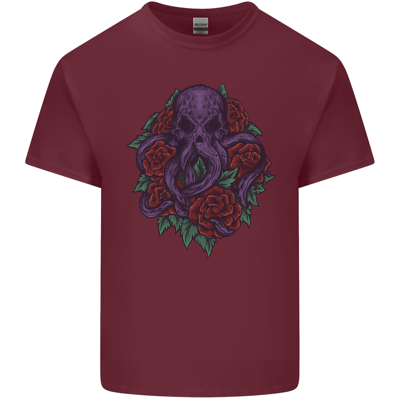 Octopus Skull Cthulhu Kraken With Roses Mens Cotton T-Shirt Tee Top Maroon