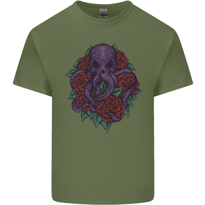 Octopus Skull Cthulhu Kraken With Roses Mens Cotton T-Shirt Tee Top Military Green