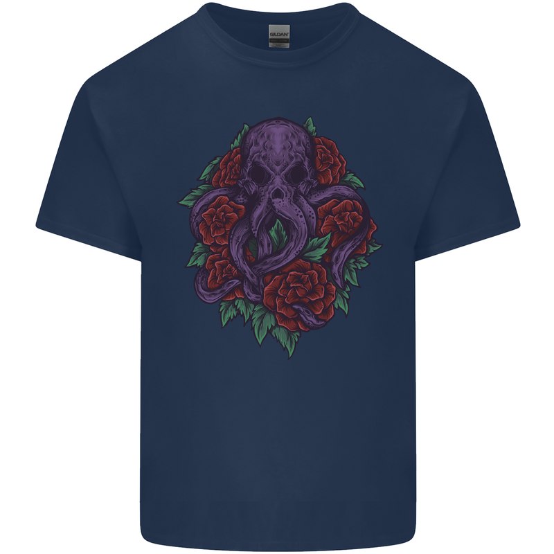 Octopus Skull Cthulhu Kraken With Roses Mens Cotton T-Shirt Tee Top Navy Blue