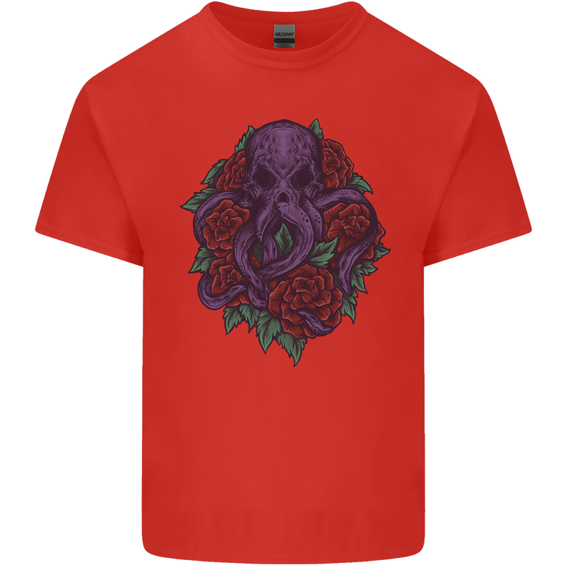 Octopus Skull Cthulhu Kraken With Roses Mens Cotton T-Shirt Tee Top Red