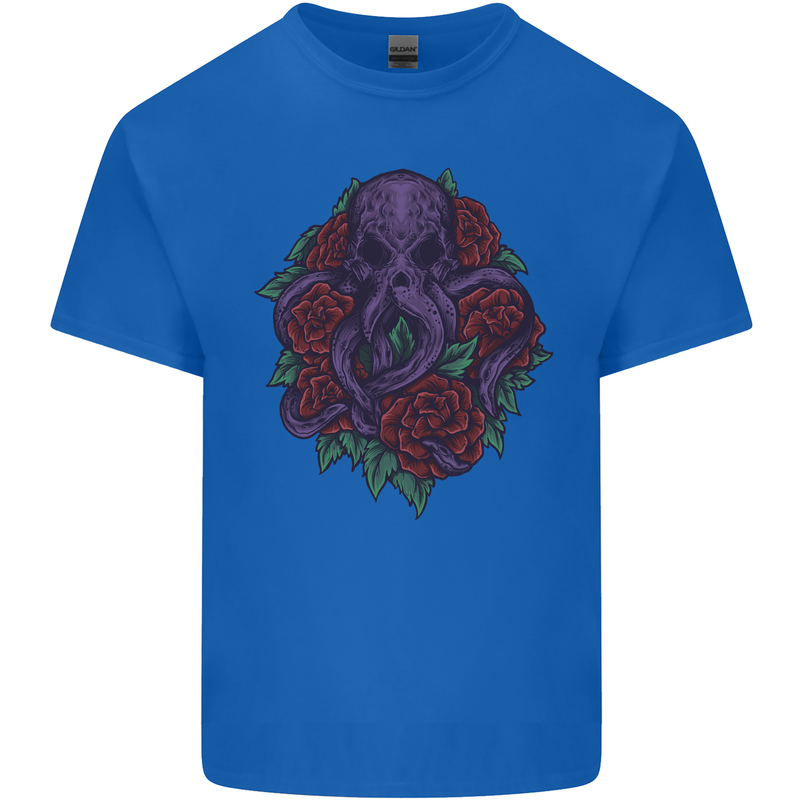 Octopus Skull Cthulhu Kraken With Roses Mens Cotton T-Shirt Tee Top Royal Blue