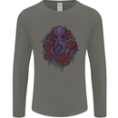 Octopus Skull Cthulhu Kraken With Roses Mens Long Sleeve T-Shirt Charcoal