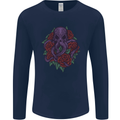 Octopus Skull Cthulhu Kraken With Roses Mens Long Sleeve T-Shirt Navy Blue