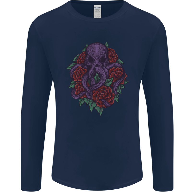 Octopus Skull Cthulhu Kraken With Roses Mens Long Sleeve T-Shirt Navy Blue