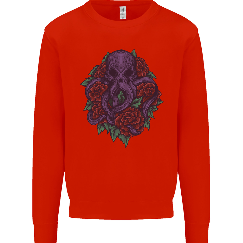 Octopus Skull Cthulhu Kraken With Roses Mens Sweatshirt Jumper Bright Red