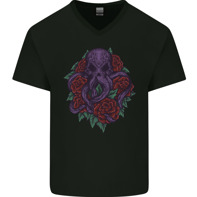 Octopus Skull Cthulhu Kraken With Roses Mens V-Neck Cotton T-Shirt Black