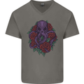 Octopus Skull Cthulhu Kraken With Roses Mens V-Neck Cotton T-Shirt Charcoal