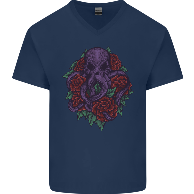 Octopus Skull Cthulhu Kraken With Roses Mens V-Neck Cotton T-Shirt Navy Blue