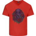 Octopus Skull Cthulhu Kraken With Roses Mens V-Neck Cotton T-Shirt Red