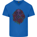 Octopus Skull Cthulhu Kraken With Roses Mens V-Neck Cotton T-Shirt Royal Blue