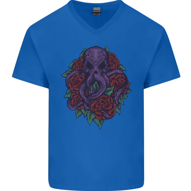 Octopus Skull Cthulhu Kraken With Roses Mens V-Neck Cotton T-Shirt Royal Blue