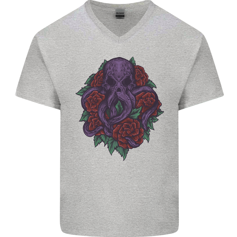 Octopus Skull Cthulhu Kraken With Roses Mens V-Neck Cotton T-Shirt Sports Grey