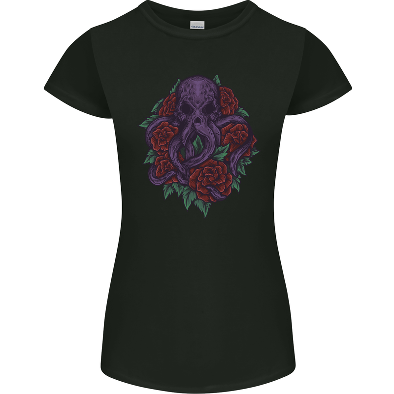 Octopus Skull Cthulhu Kraken With Roses Womens Petite Cut T-Shirt Black