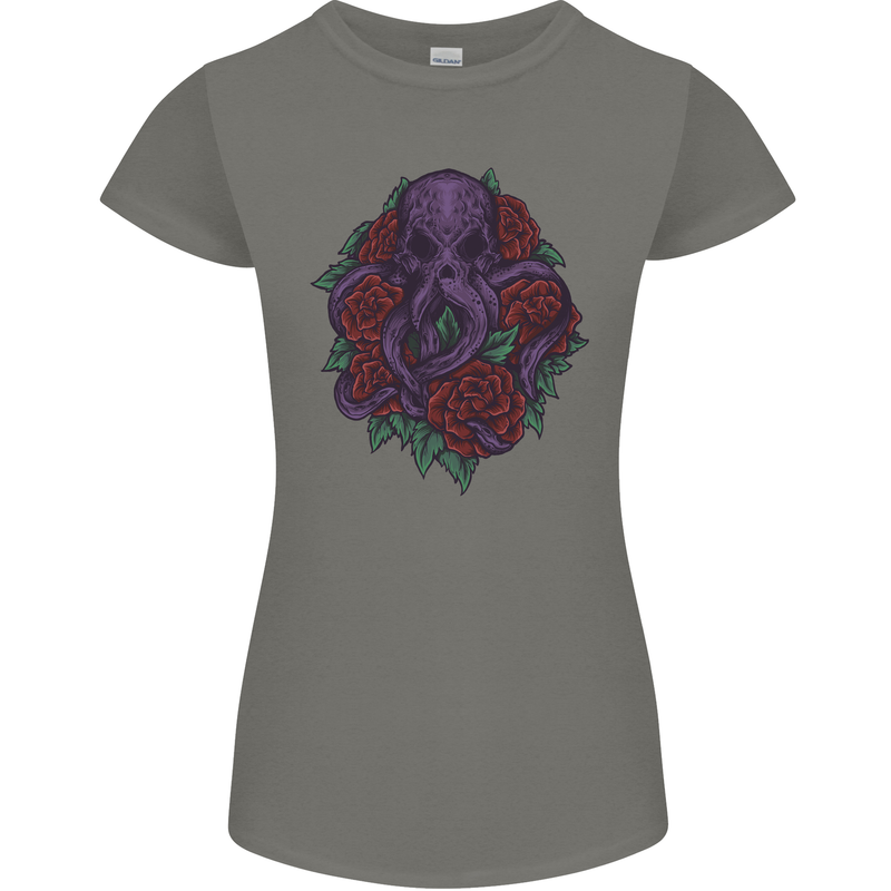 Octopus Skull Cthulhu Kraken With Roses Womens Petite Cut T-Shirt Charcoal