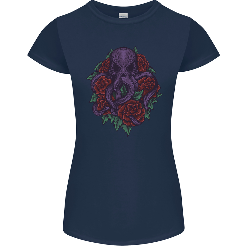 Octopus Skull Cthulhu Kraken With Roses Womens Petite Cut T-Shirt Navy Blue