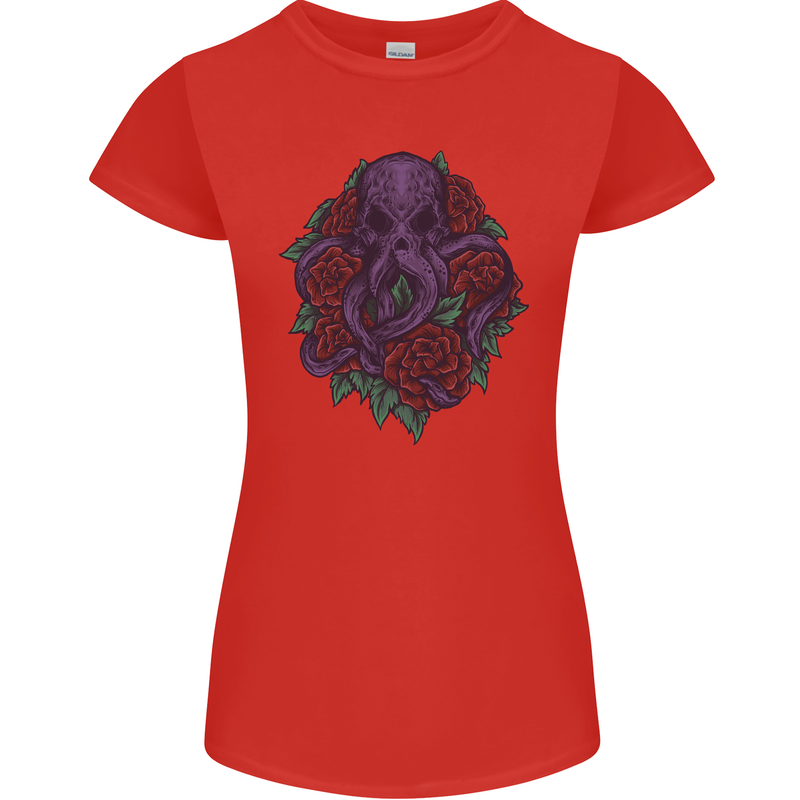 Octopus Skull Cthulhu Kraken With Roses Womens Petite Cut T-Shirt Red