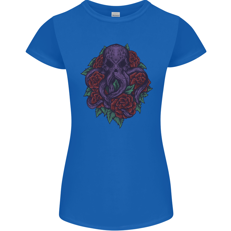Octopus Skull Cthulhu Kraken With Roses Womens Petite Cut T-Shirt Royal Blue