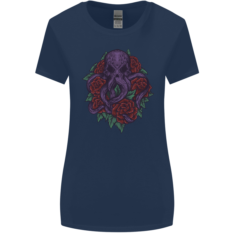 Octopus Skull Cthulhu Kraken With Roses Womens Wider Cut T-Shirt Navy Blue
