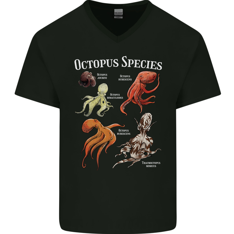 Octopus Species Scuba Diving Ocean Mens V-Neck Cotton T-Shirt Black