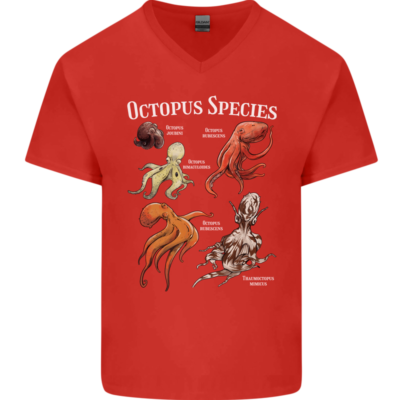Octopus Species Scuba Diving Ocean Mens V-Neck Cotton T-Shirt Red