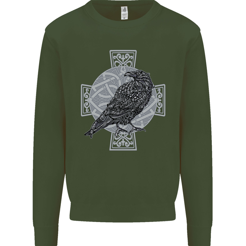 Odin Celtic Raven Viking Tattoo Cross Runic Kids Sweatshirt Jumper Forest Green
