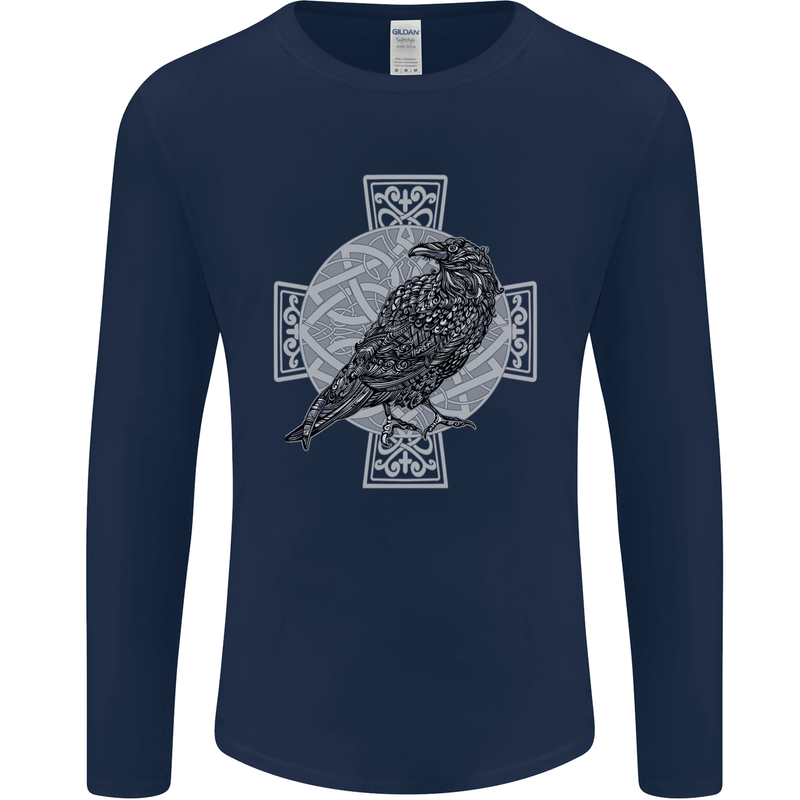 Odin Celtic Raven Viking Tattoo Cross Runic Mens Long Sleeve T-Shirt Navy Blue