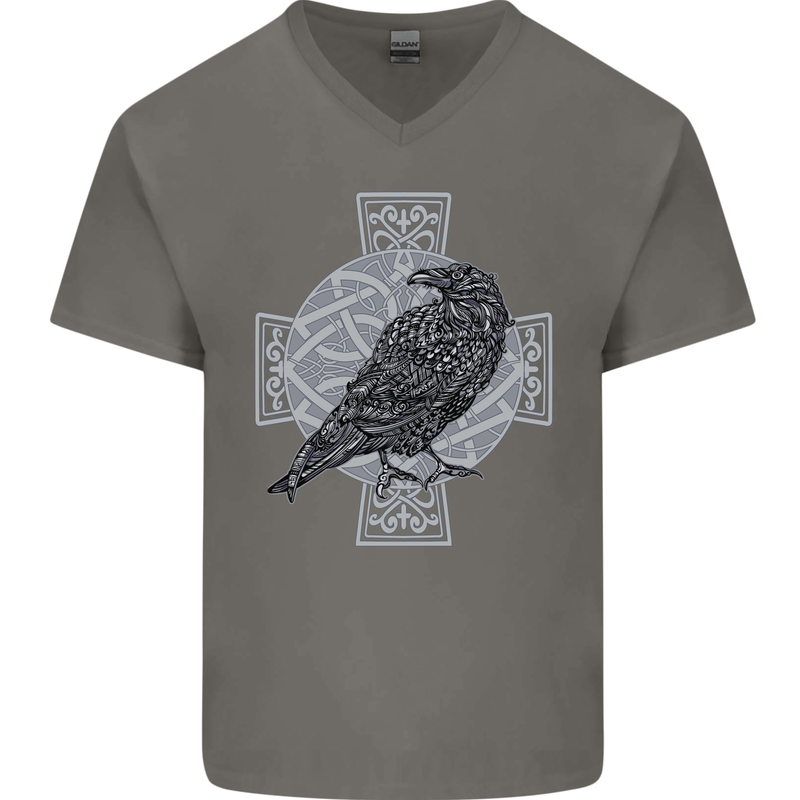 Odin Celtic Raven Viking Tattoo Cross Runic Mens V-Neck Cotton T-Shirt Charcoal