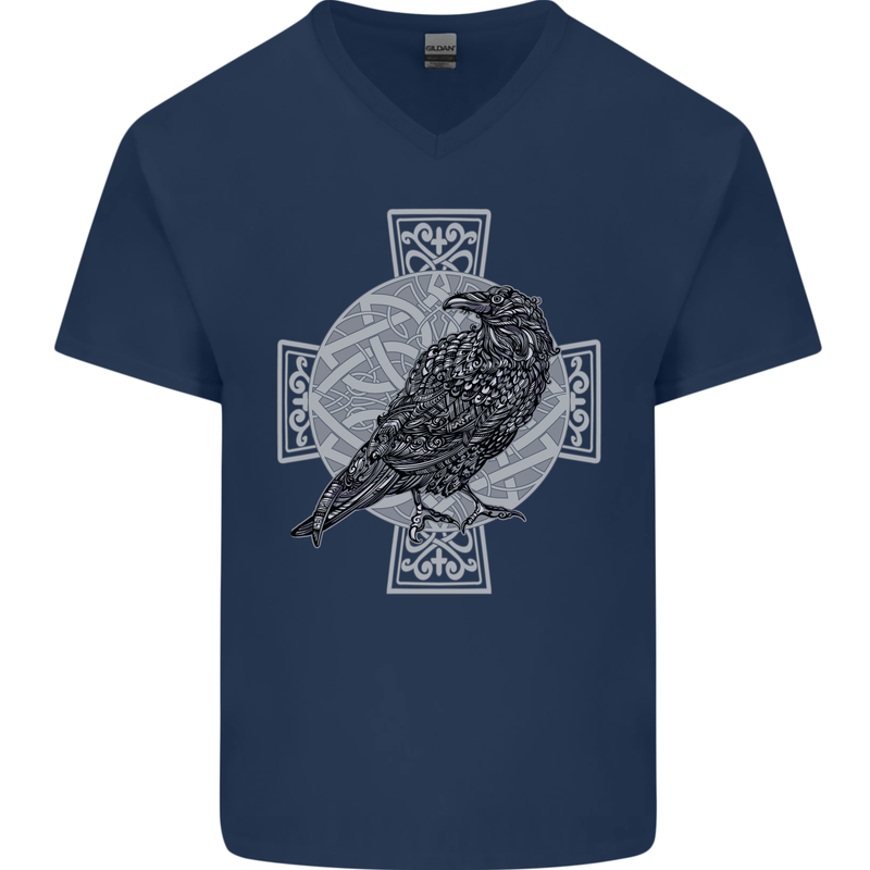 Odin Celtic Raven Viking Tattoo Cross Runic Mens V-Neck Cotton T-Shirt Navy Blue
