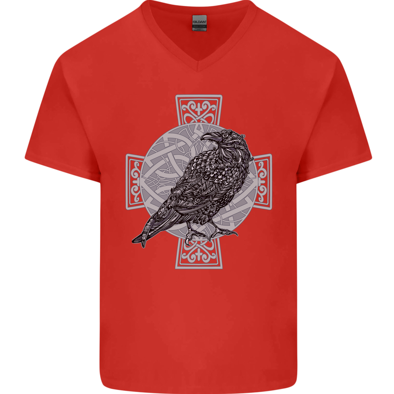 Odin Celtic Raven Viking Tattoo Cross Runic Mens V-Neck Cotton T-Shirt Red