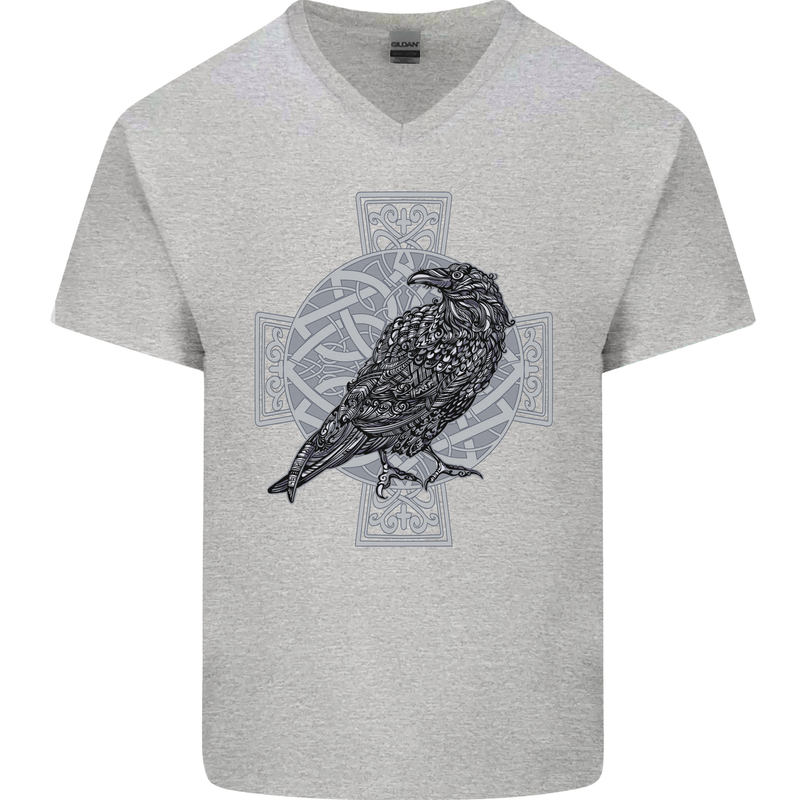 Odin Celtic Raven Viking Tattoo Cross Runic Mens V-Neck Cotton T-Shirt Sports Grey