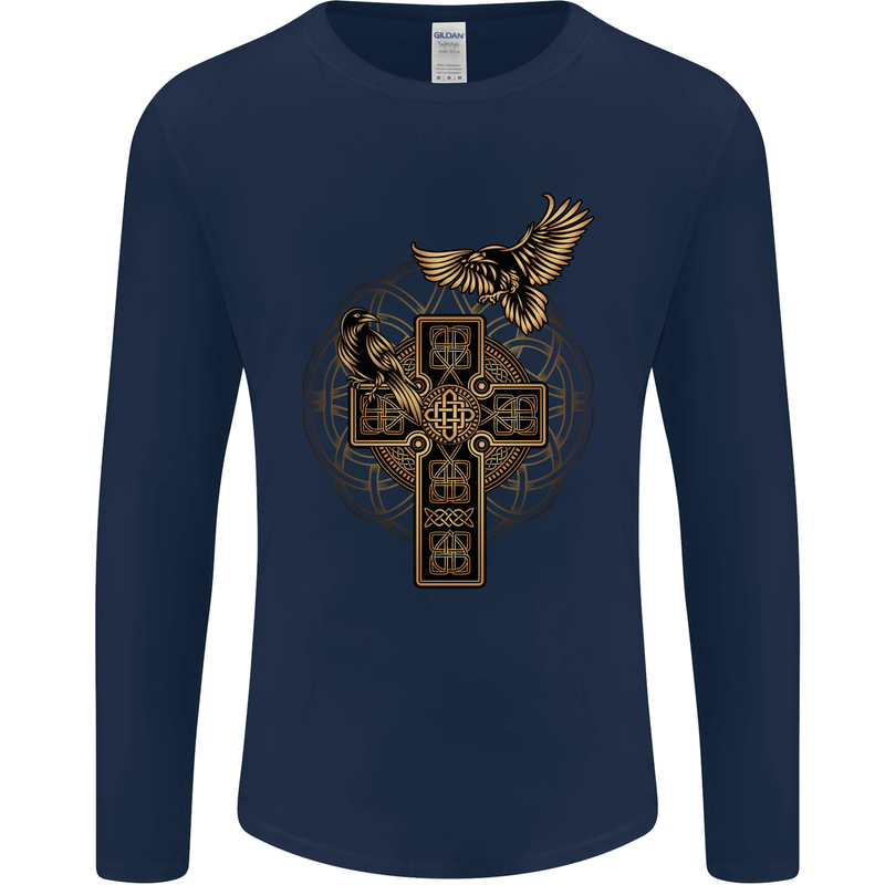 Odins Celtic Raven Viking Thor Ragnar Norse Mens Long Sleeve T-Shirt Navy Blue