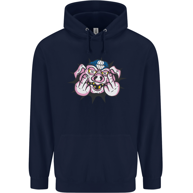 Offensive Pig Finger Flip Mens 80% Cotton Hoodie Navy Blue