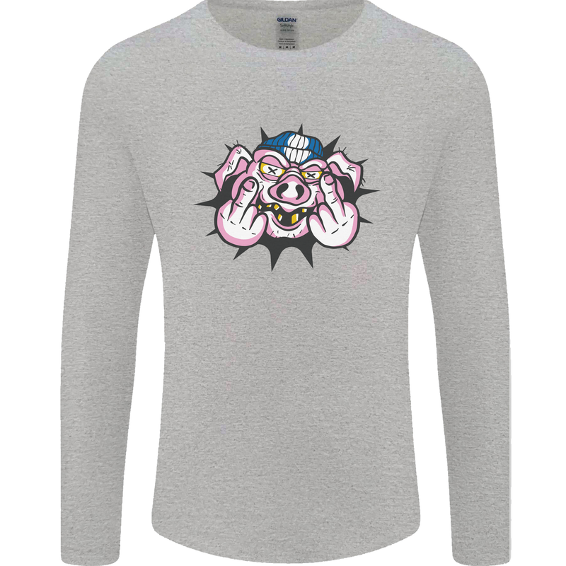 Offensive Pig Finger Flip Mens Long Sleeve T-Shirt Sports Grey
