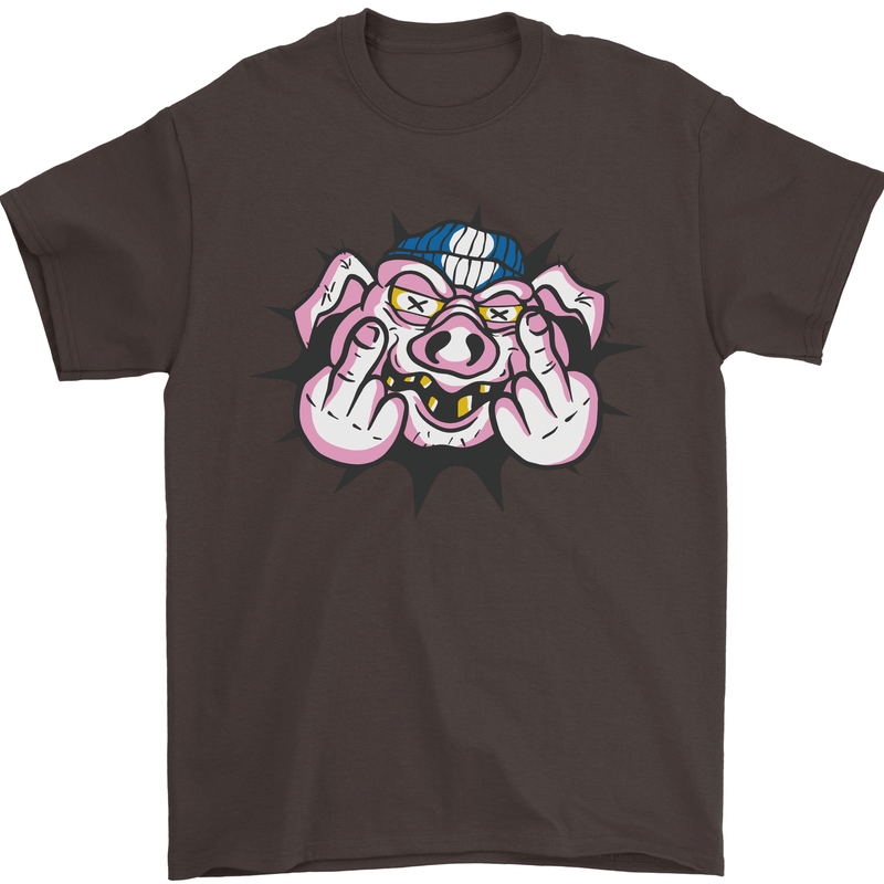 Offensive Pig Finger Flip Mens T-Shirt Cotton Gildan Dark Chocolate
