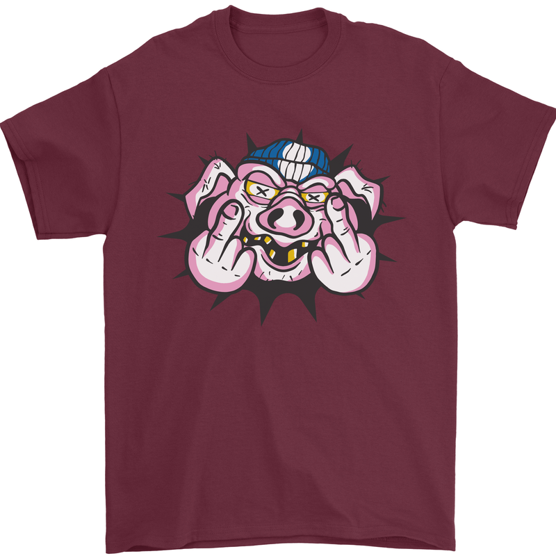 Offensive Pig Finger Flip Mens T-Shirt Cotton Gildan Maroon